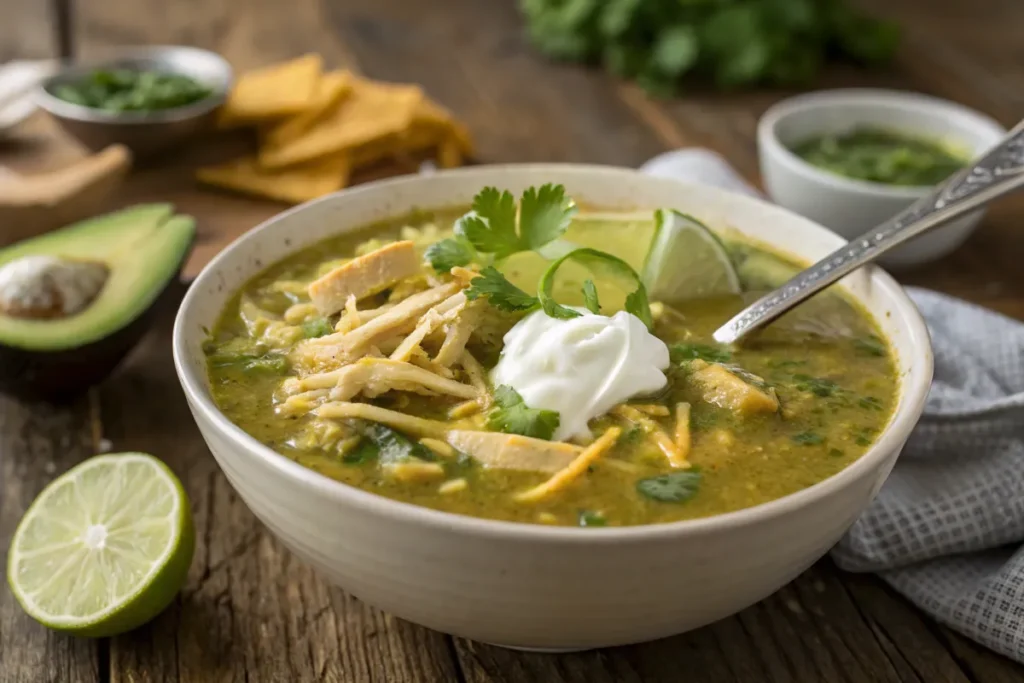 A pot of Green Chicken Enchilada Soup simmering on the stove, with a wooden spoon lifting shredded chicken, cheese, and vegetables.