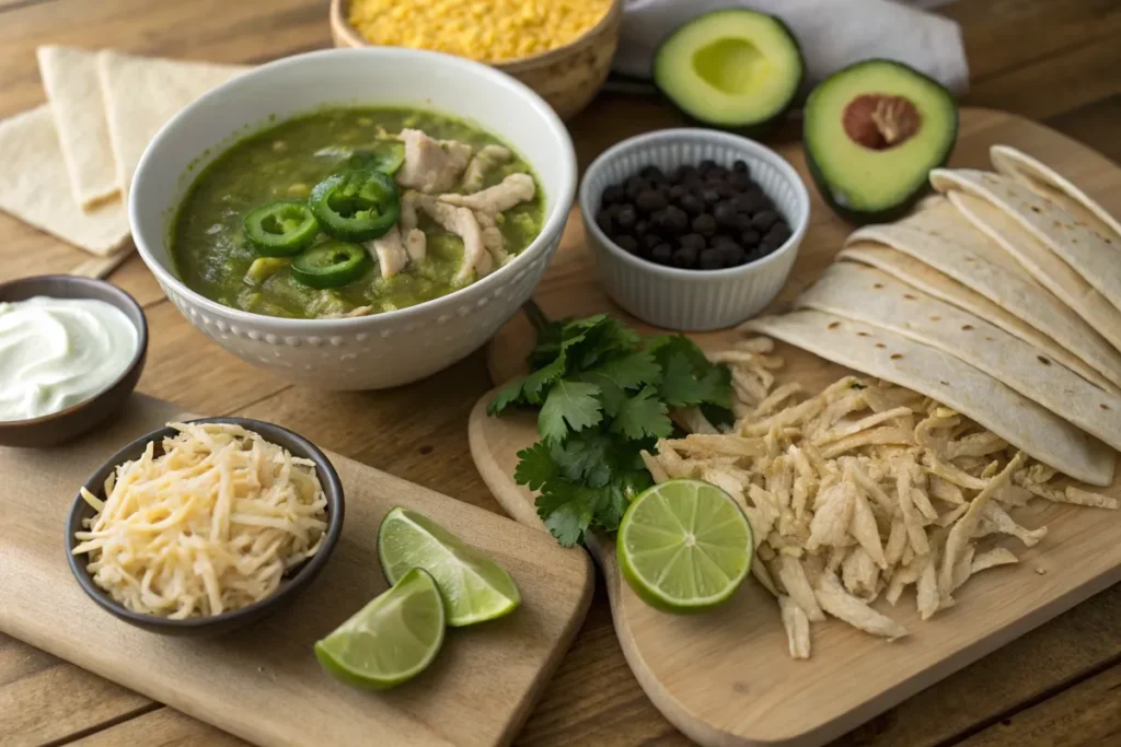 A bowl of Green Chicken Enchilada Soup surrounded by fresh ingredients: shredded chicken, jalapeños, black beans, avocado, tortillas, cheese, and lime wedges.