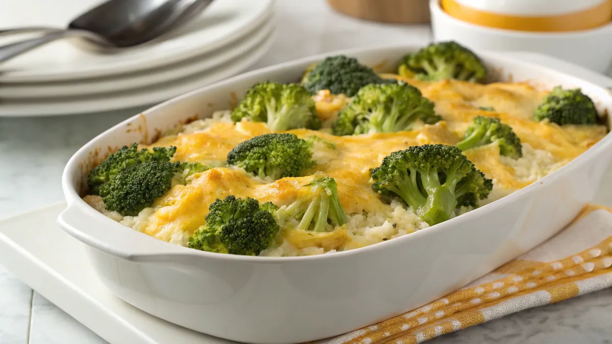 Freshly baked cheesy broccoli rice casserole in a white ceramic dish, topped with melted golden cheese and vibrant green broccoli.