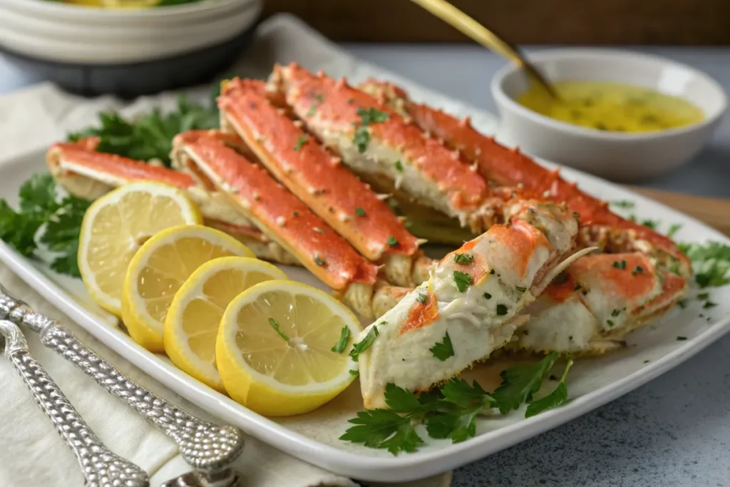 A platter of king crab legs garnished with parsley and lemon slices, served with garlic butter sauce in the background.