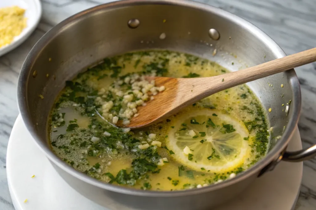 A saucepan filled with garlic butter sauce, lemon slices, fresh parsley, and a wooden spoon on a marble countertop.