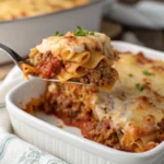 "Close-up of Poor Man Husband Casserole being served with a spatula, showing layers of lasagna, meat sauce, and melted cheese."