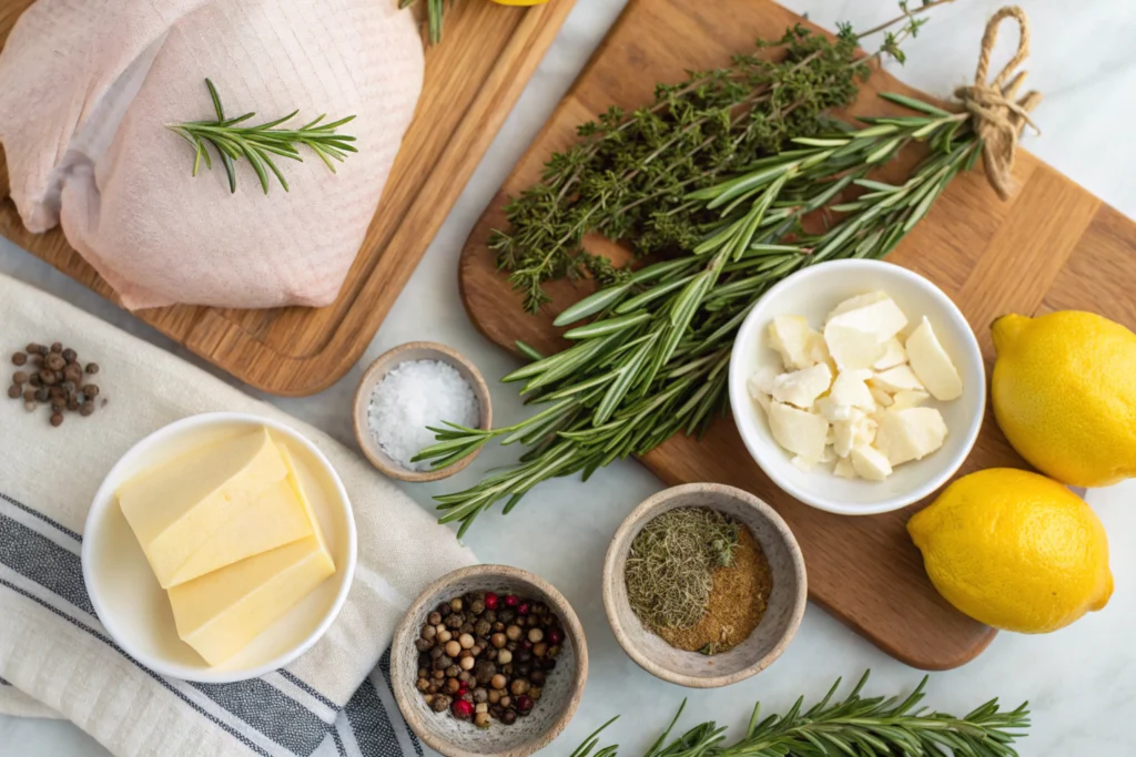 Fresh herbs, garlic, butter, lemons, and spices for the Perfect Turkey Roaster Recipe.