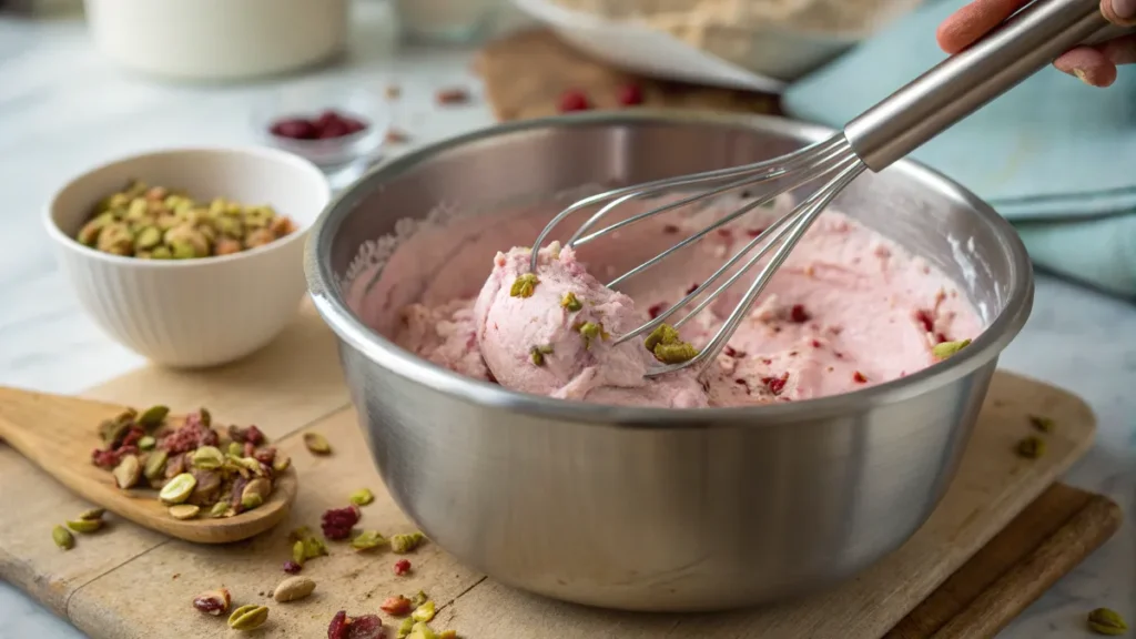 An up-close shot of the Pistachio Rose Ice Cream preparation, showing the pink mixture being whisked in a metal bowl.