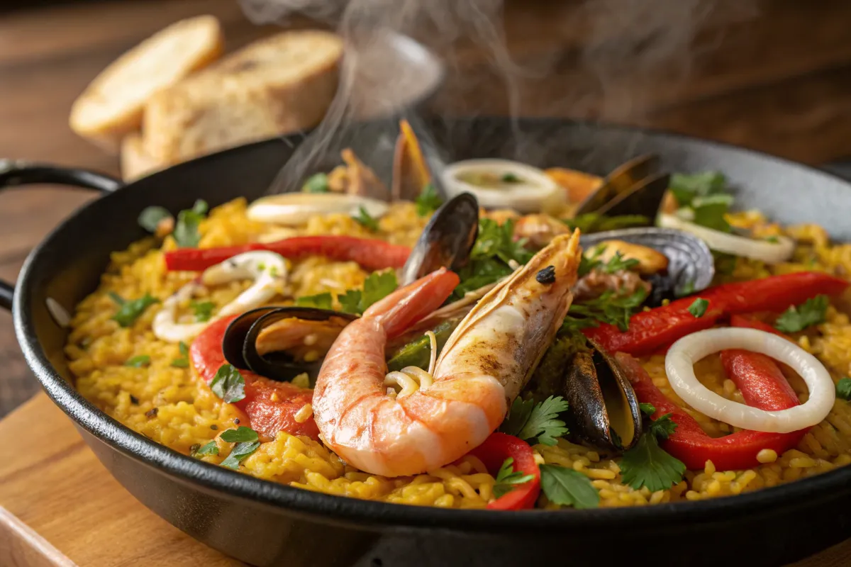 "Close-up of Delicious Seafood Paella in a Rustic Setting"