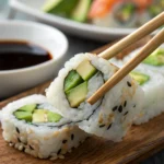 Close-up of New-York Rolls held by chopsticks, showing creamy filling and fresh ingredients.