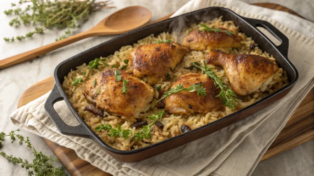 Oven-baked chicken and rice in a rustic baking dish, garnished with fresh herbs.