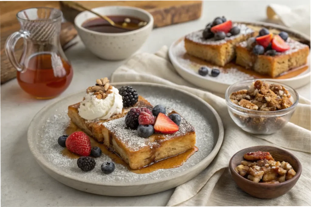 French Toast Casserole served with toppings like berries and syrup.