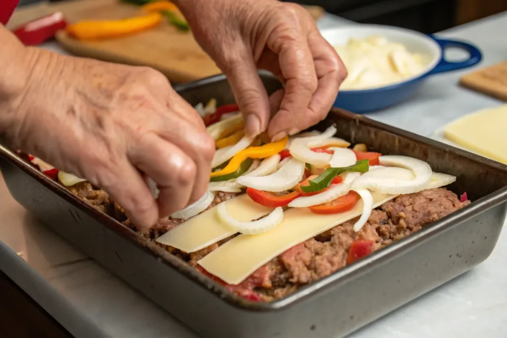 Hands layering onions, peppers, and cheese onto ground beef in a loaf pan for Classic Philly Cheesesteak Meatloaf preparation.