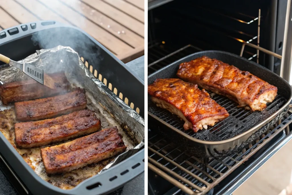 Comparison of oven-baked, grilled, and air-fried garlic ribs, each cooked to perfection.