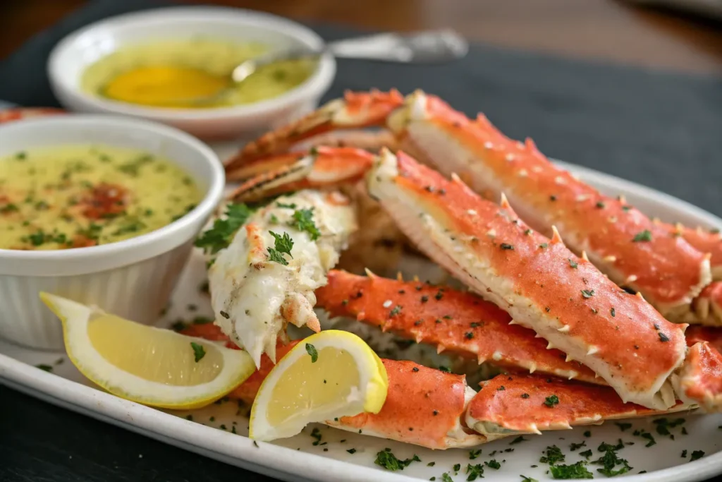 A platter of king crab legs with lemon wedges and two bowls of garlic butter sauce garnished with parsley.