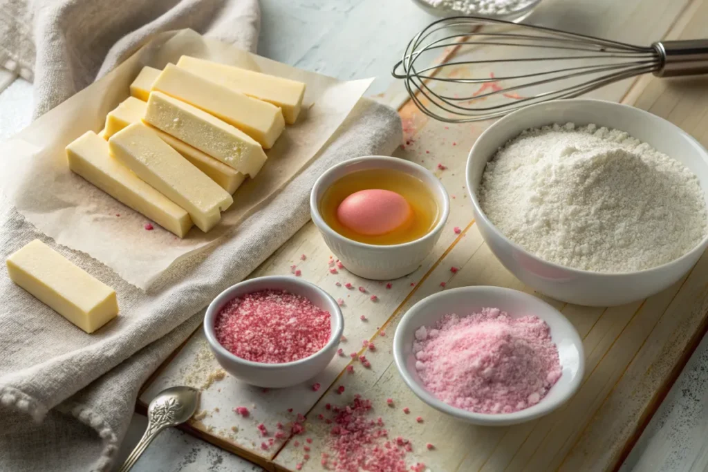 "Baking ingredients for Valentine Cookies, including butter sticks, a pink egg in a bowl, flour, and pink sugar crystals, arranged on a wooden surface with a whisk and soft linen."