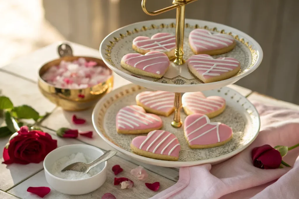 "Pink heart-shaped Valentine Cookies with white icing designs displayed elegantly on a 2-tier gold and white serving plate, surrounded by red rose petals."