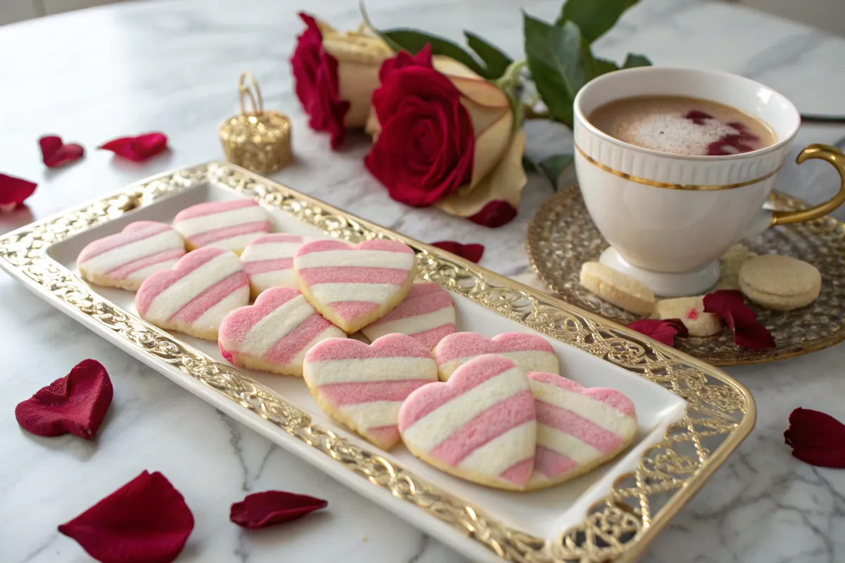 "Heart-shaped Valentine Cookies with pink and white sugar stripes served on an ornate gold-trimmed platter, surrounded by red rose petals and a cup of coffee."