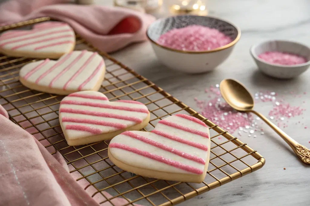 "Heart-shaped Valentine Cookies with pink sugar stripes cooling on a gold wire rack, surrounded by pink sugar bowls and a gold spoon."