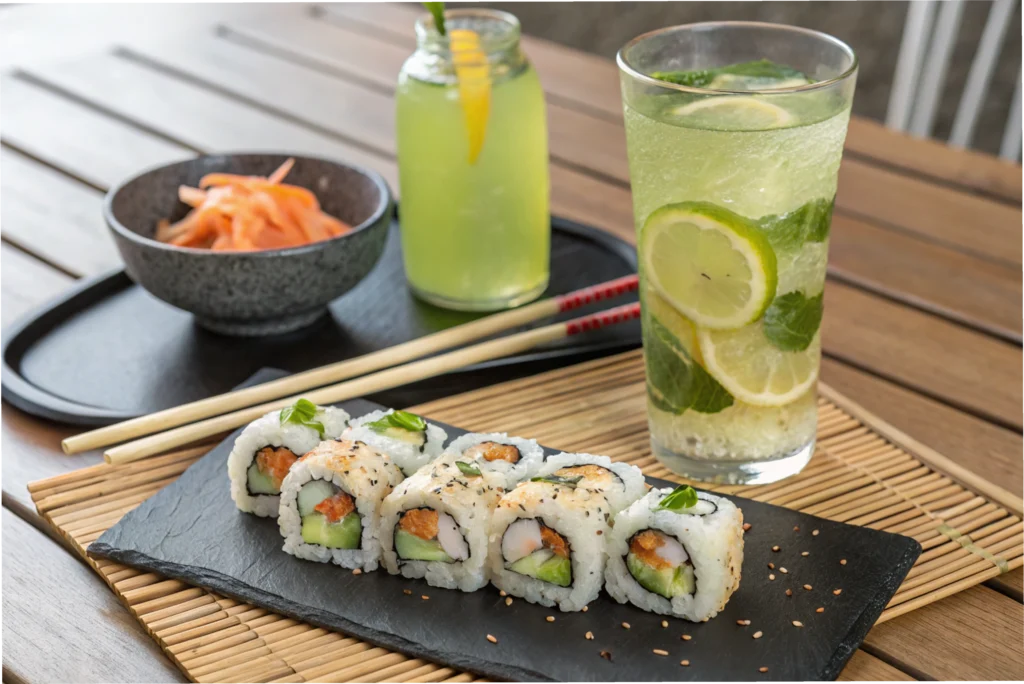 New-York Rolls served with green tea and sparkling water for a refreshing, non-alcoholic pairing.