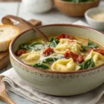 A comforting bowl of Tuscan Tortellini Soup with creamy broth, cheese tortellini, spinach, tomatoes, and served with slices of bread.