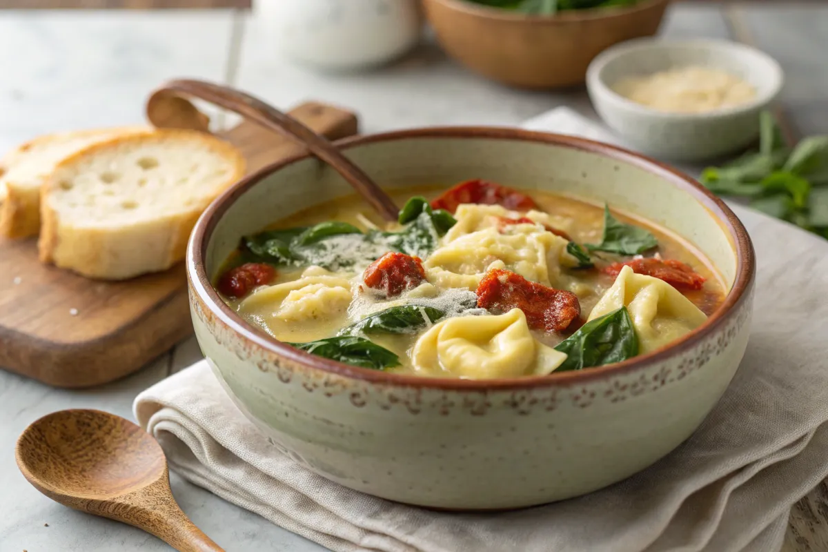 A comforting bowl of Tuscan Tortellini Soup with creamy broth, cheese tortellini, spinach, tomatoes, and served with slices of bread.