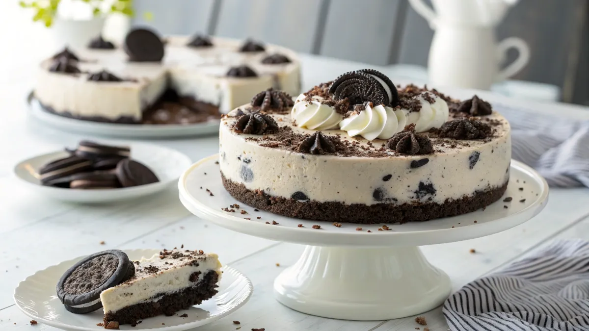 Oreo Cheesecake topped with whipped cream and crushed Oreos on a white cake stand.