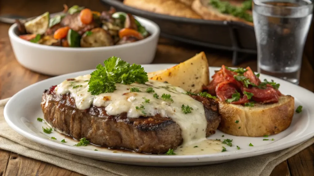 Delicious Garlic Parmesan Beef topped with melted cheese and garnished with parsley.
