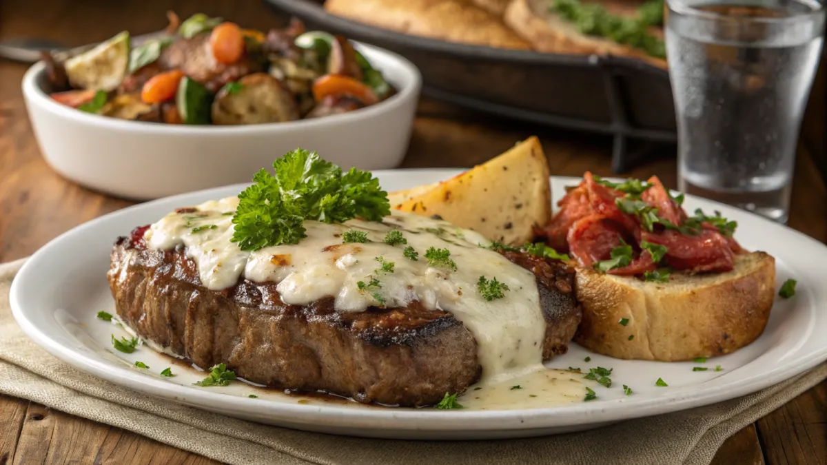 Delicious Garlic Parmesan Beef topped with melted cheese and garnished with parsley.