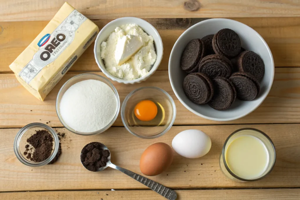 Ingredients for Oreo Cheesecake on a wooden surface.