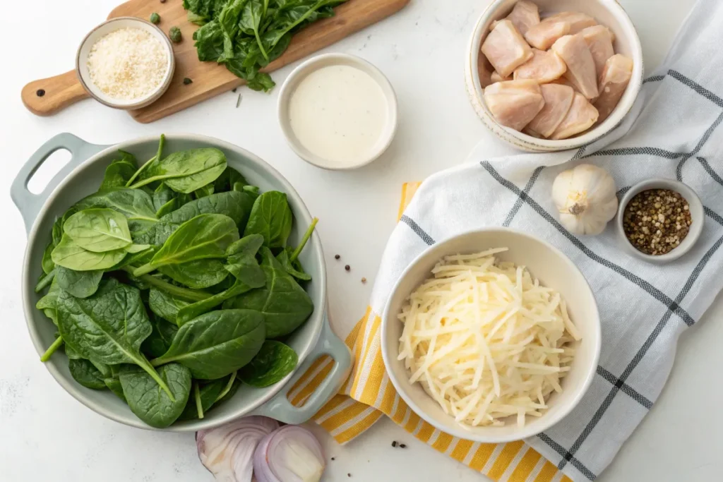 A bright and fresh display of spinach, cheese, creamy sauce, and seasonings for Creamy Chicken Spinach Bake.