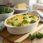 A freshly baked cheesy broccoli rice casserole in a white ceramic dish, displayed on a wooden cutting board in a cozy kitchen.