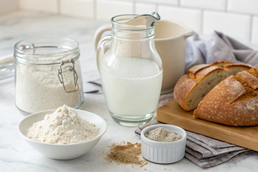 Ingredients for sourdough bread: flour, sourdough starter, water, and salt on a kitchen counter