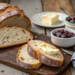 Sourdough bread slices with butter and jam on a rustic table