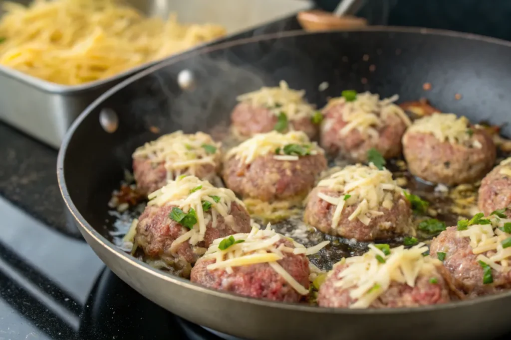 "Raw Garlic Parmesan Cheeseburger Bombs in a skillet, topped with shredded cheese and parsley, starting to cook."