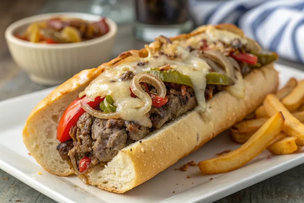 A Philly Cheesesteak Meatloaf served as a sub sandwich, topped with melted cheese, peppers, onions, and fries on the side.