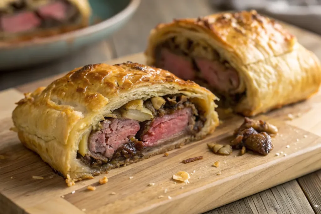 A freshly baked Classic Beef Wellington sliced open, showing a golden, flaky puff pastry crust, tender medium-rare beef, and a flavorful mushroom filling on a rustic wooden board.