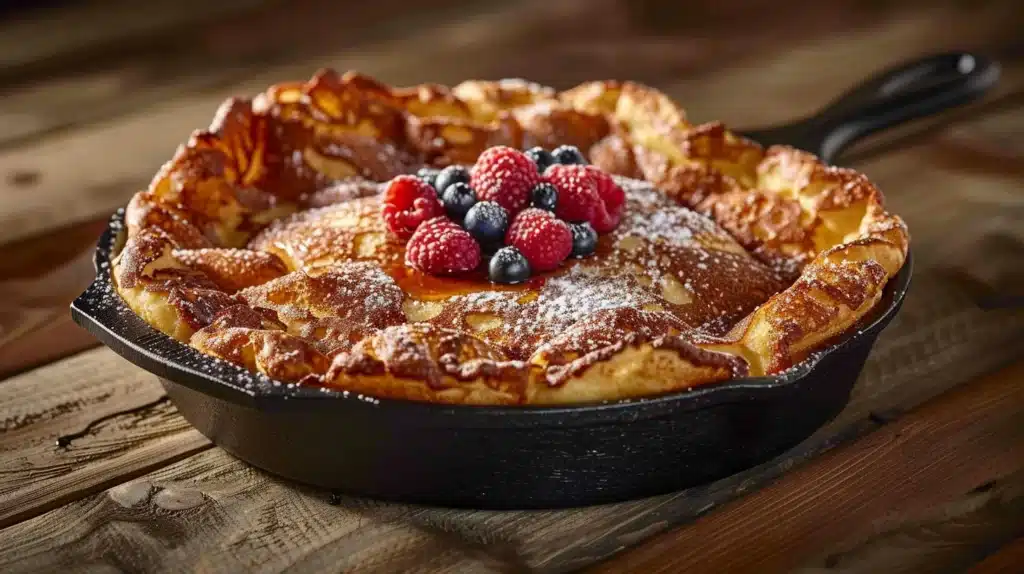 Golden Dutch baby pancake in a cast iron skillet, topped with fresh berries and powdered sugar