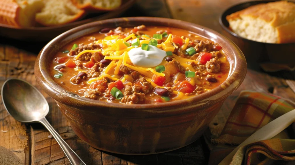 Hearty homemade chili served with toppings and fresh herbs in a rustic bowl