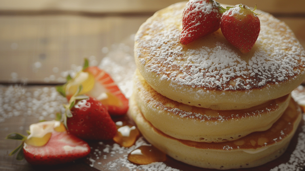 A slice of fluffy Japanese souffle pancake dusted with powdered sugar and served with cream