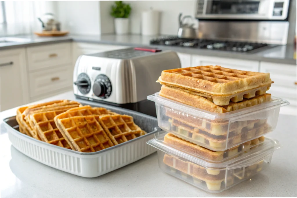  A batch of Belgian waffles stored in an airtight container with a toaster nearby.