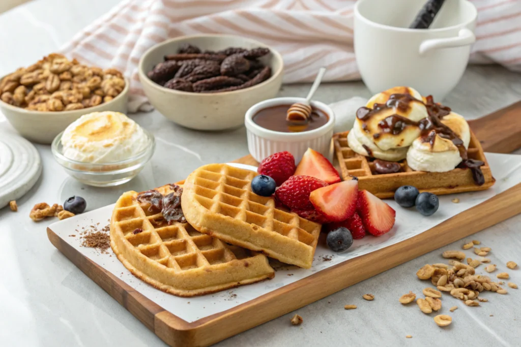 A variety of Belgian waffle toppings including chocolate sauce, whipped cream, fresh fruit, and honey.