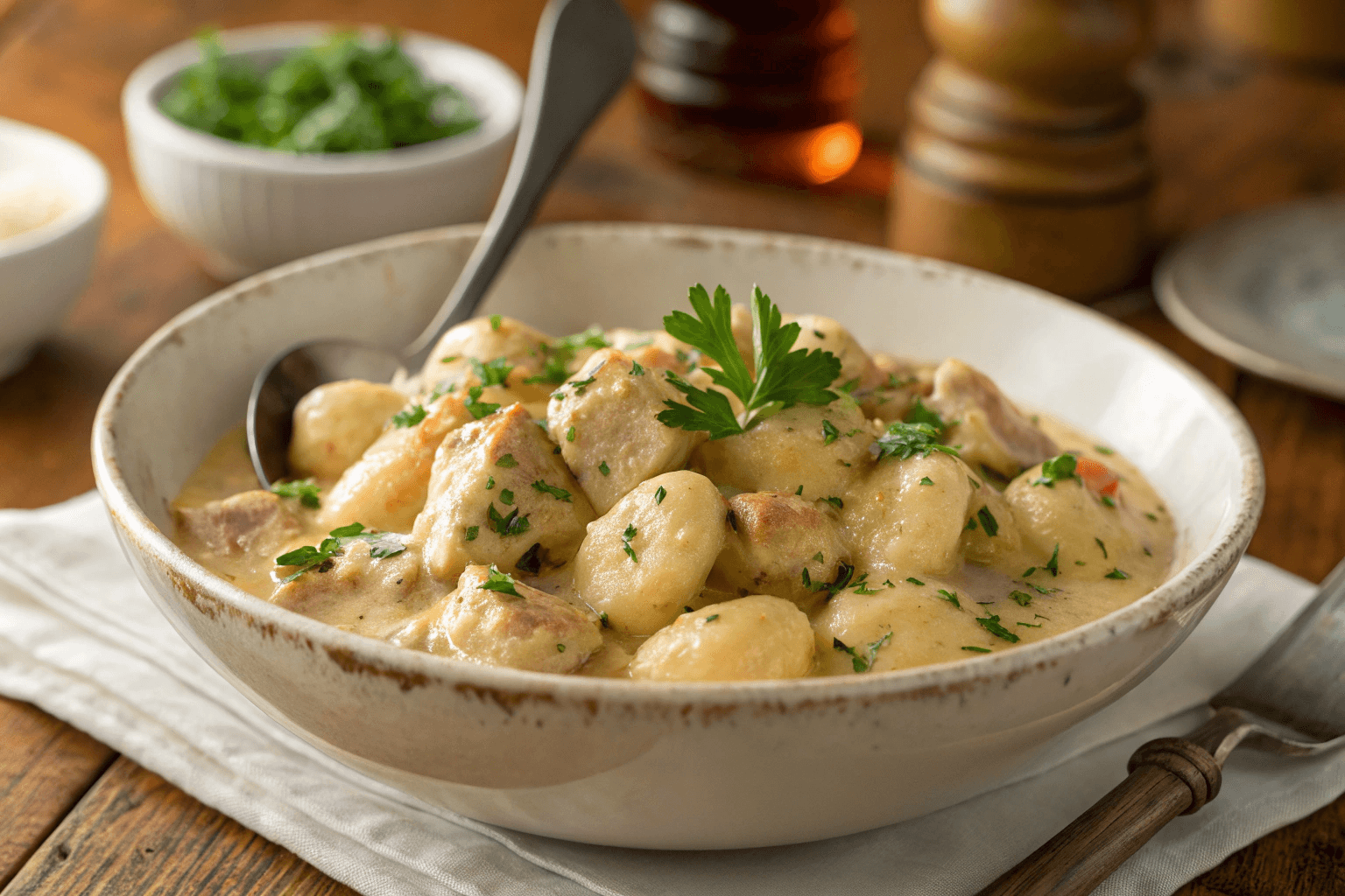 A creamy bowl of chicken and gnocchi topped with fresh herbs, served in a rustic white bowl.