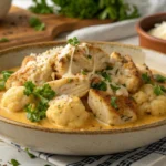 Rich and creamy chicken and cauliflower dish in a rustic bowl, garnished with fresh parsley.