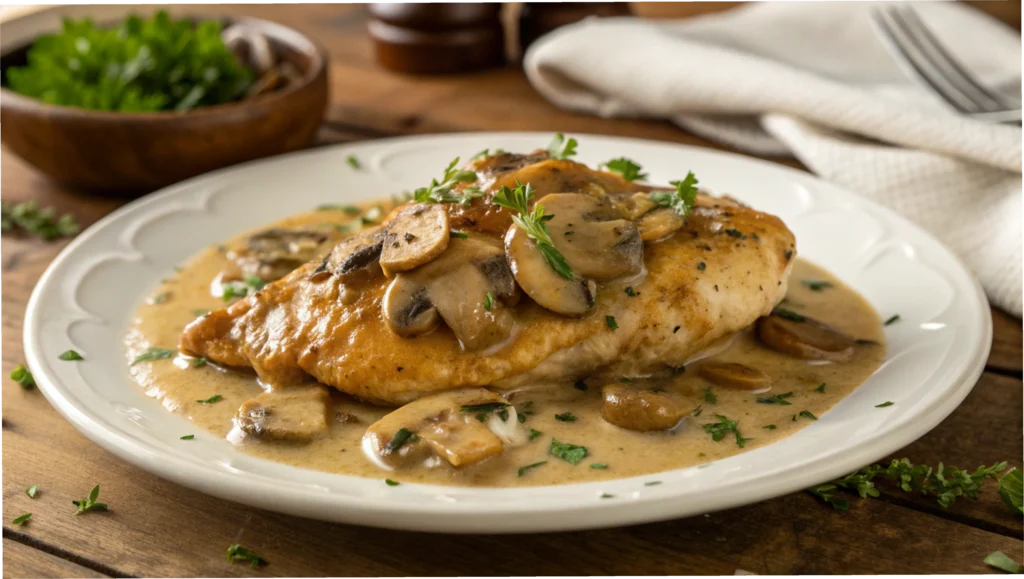 Creamy chicken marsala dish served on a white plate with fresh herbs