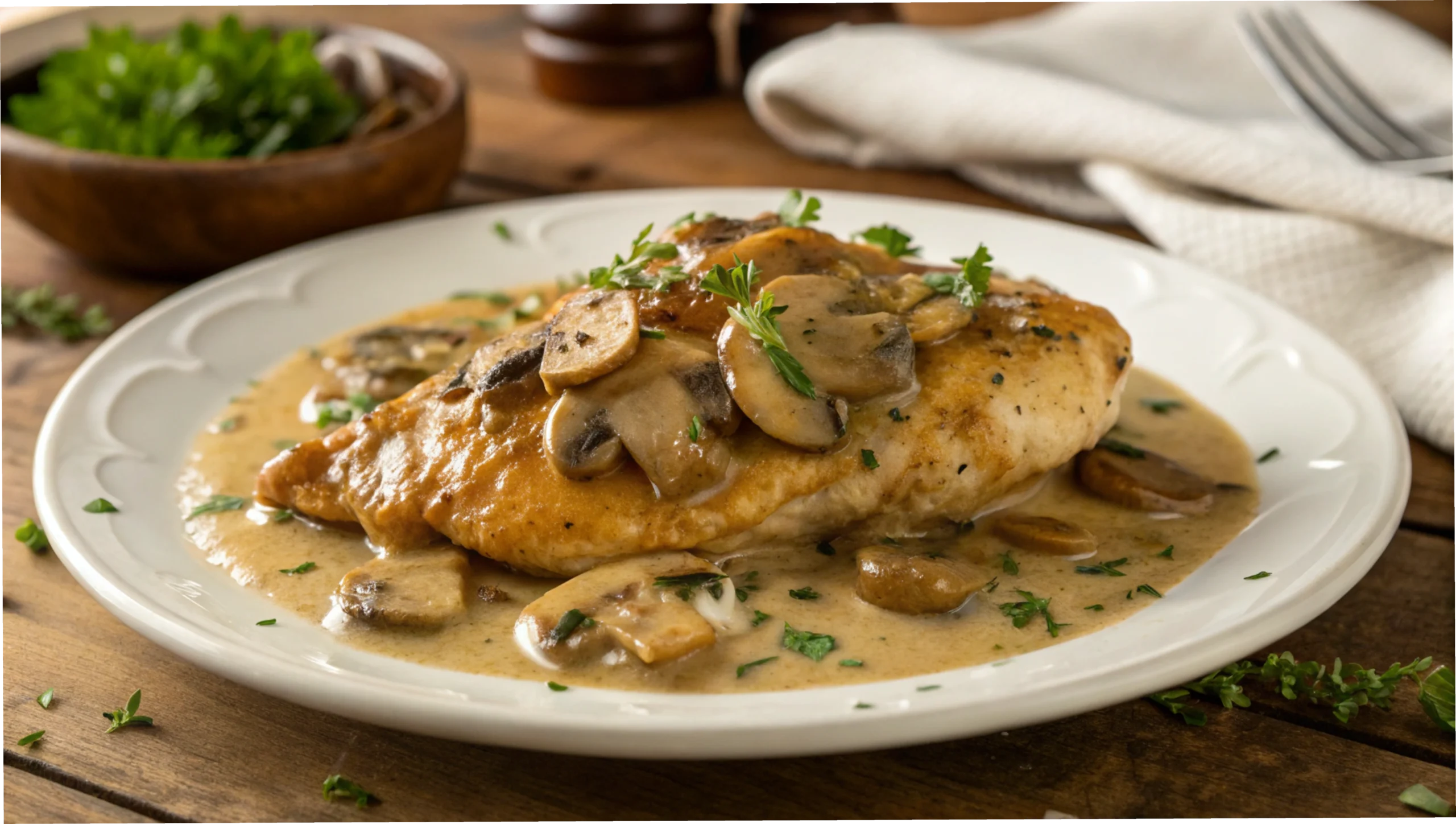 A creamy chicken marsala dish served on a white plate with fresh herbs.