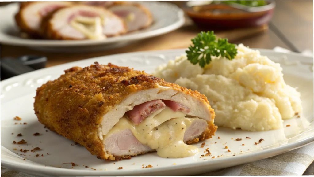 Juicy golden chicken cordon bleu sliced open to reveal gooey melted cheese