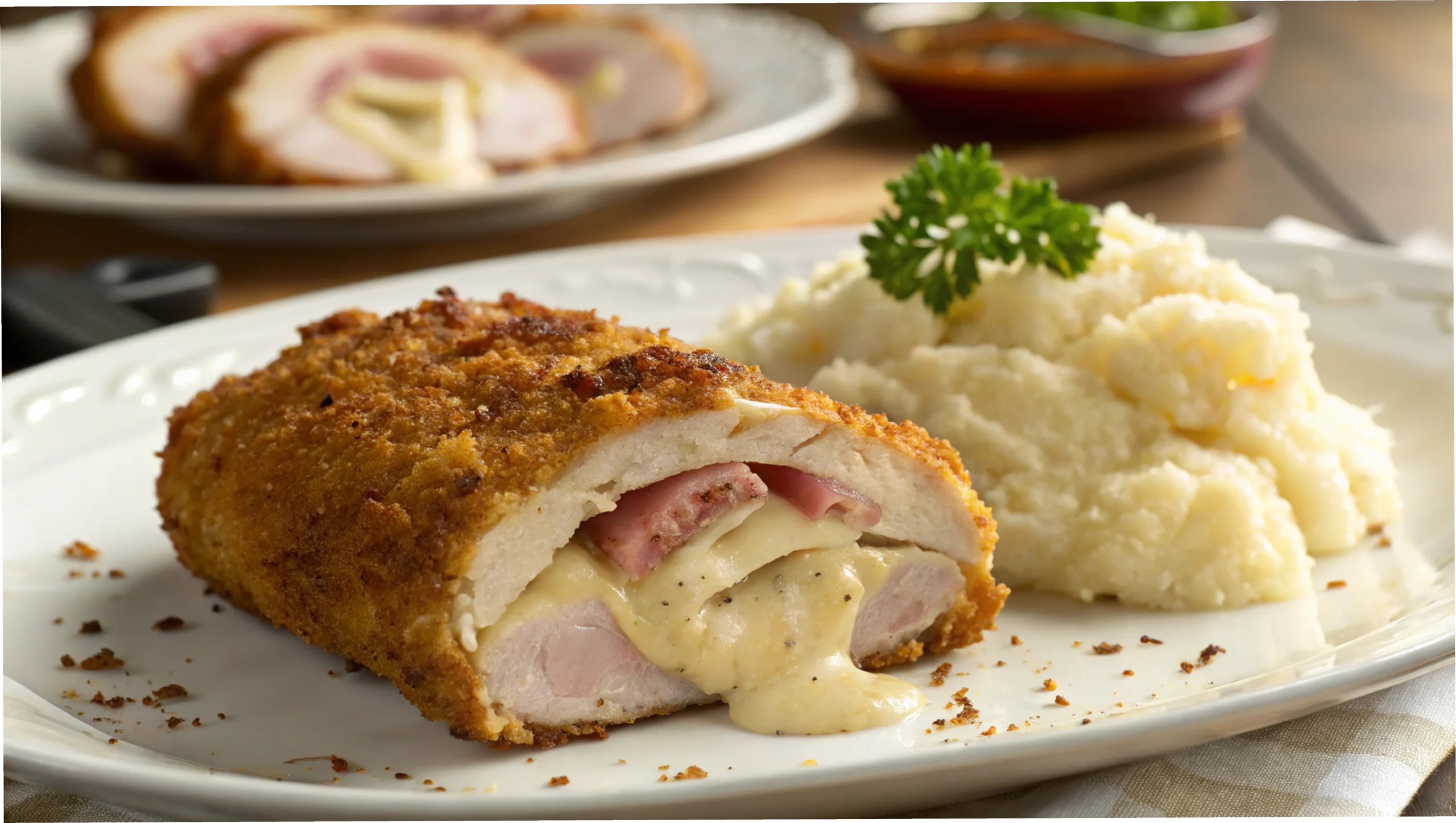 A crispy, golden chicken cordon bleu sliced open to reveal gooey melted cheese.