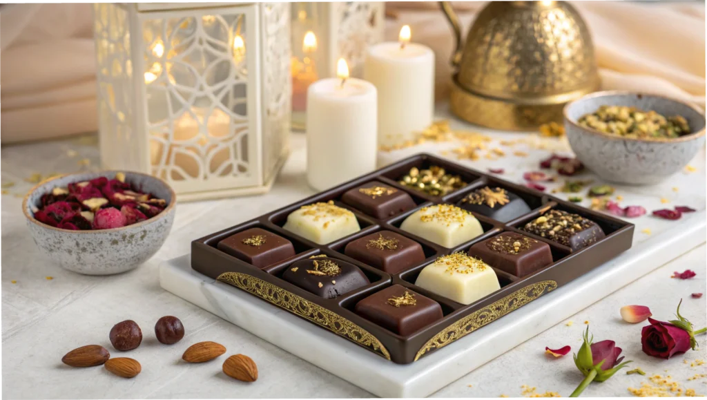 An assortment of luxurious Dubai Chocolate garnished with gold flakes, pistachios, and rose petals.