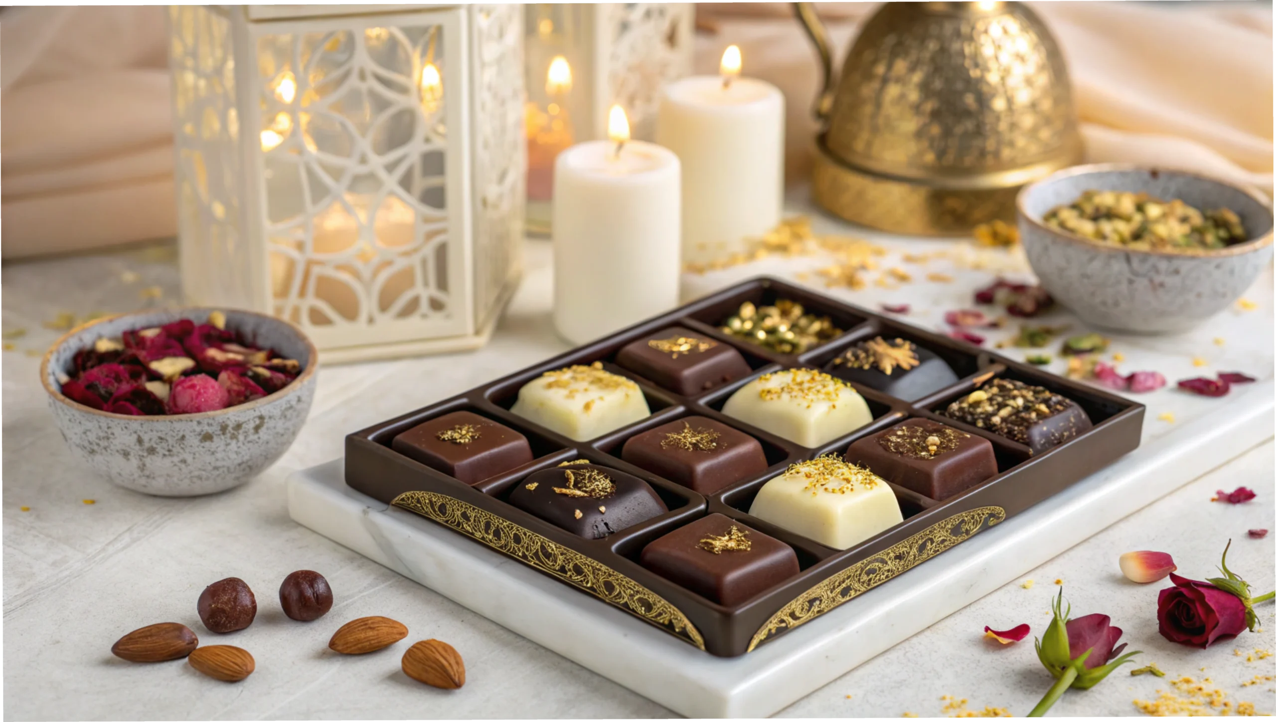 An assortment of luxurious Dubai Chocolate garnished with gold flakes, pistachios, and rose petals.