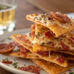 A close-up of crispy pizza chips stacked with melted cheese and herbs sprinkled on top.