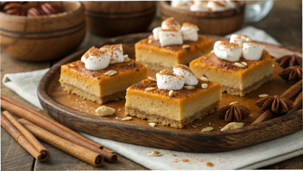 A plate of sweet potato pie slices with golden crust, topped with whipped cream and sprinkled spices