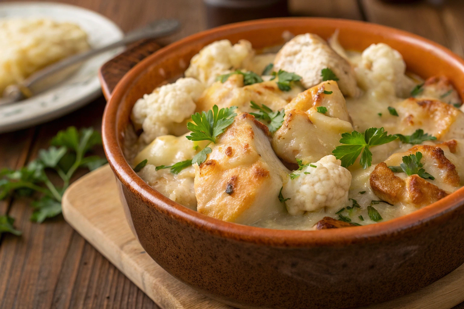 Creamy chicken and cauliflower with cheese and parsley