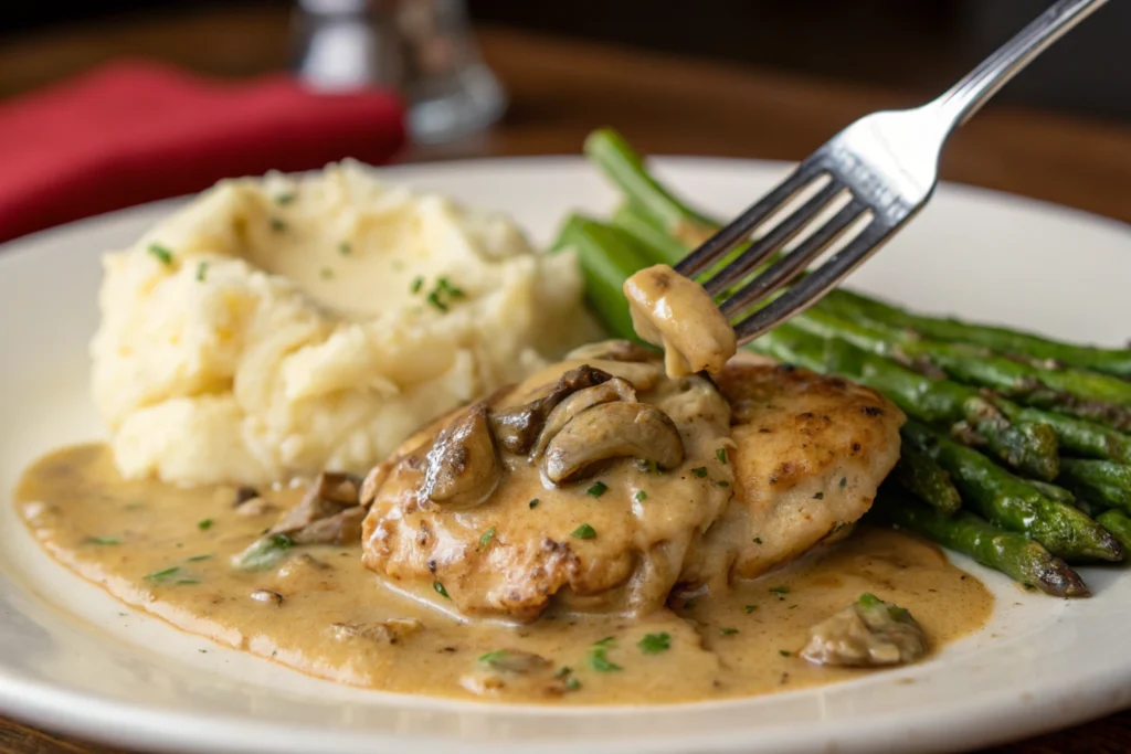 A plate of Creamy Chicken Marsala with a side of mashed potatoes and asparagus.